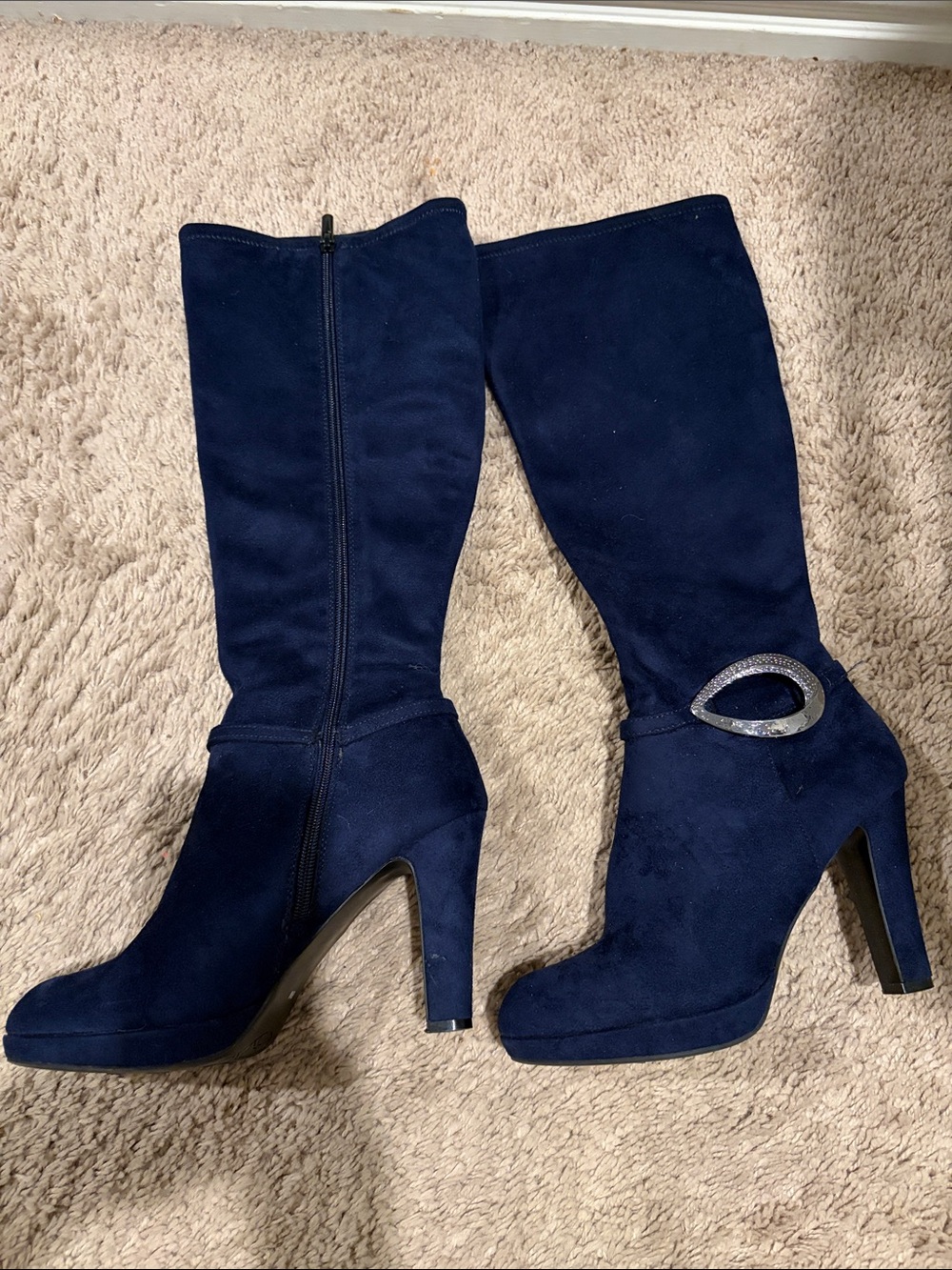 Women’s Navy Suede High Heel Knee Boots with Decorative Buckle - Picture 2 of 6